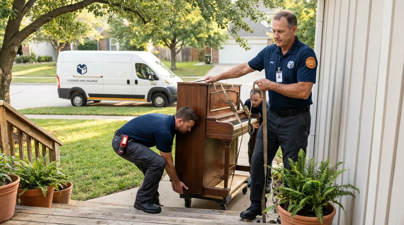 Licensed piano movers securing grand piano in Clay, KY