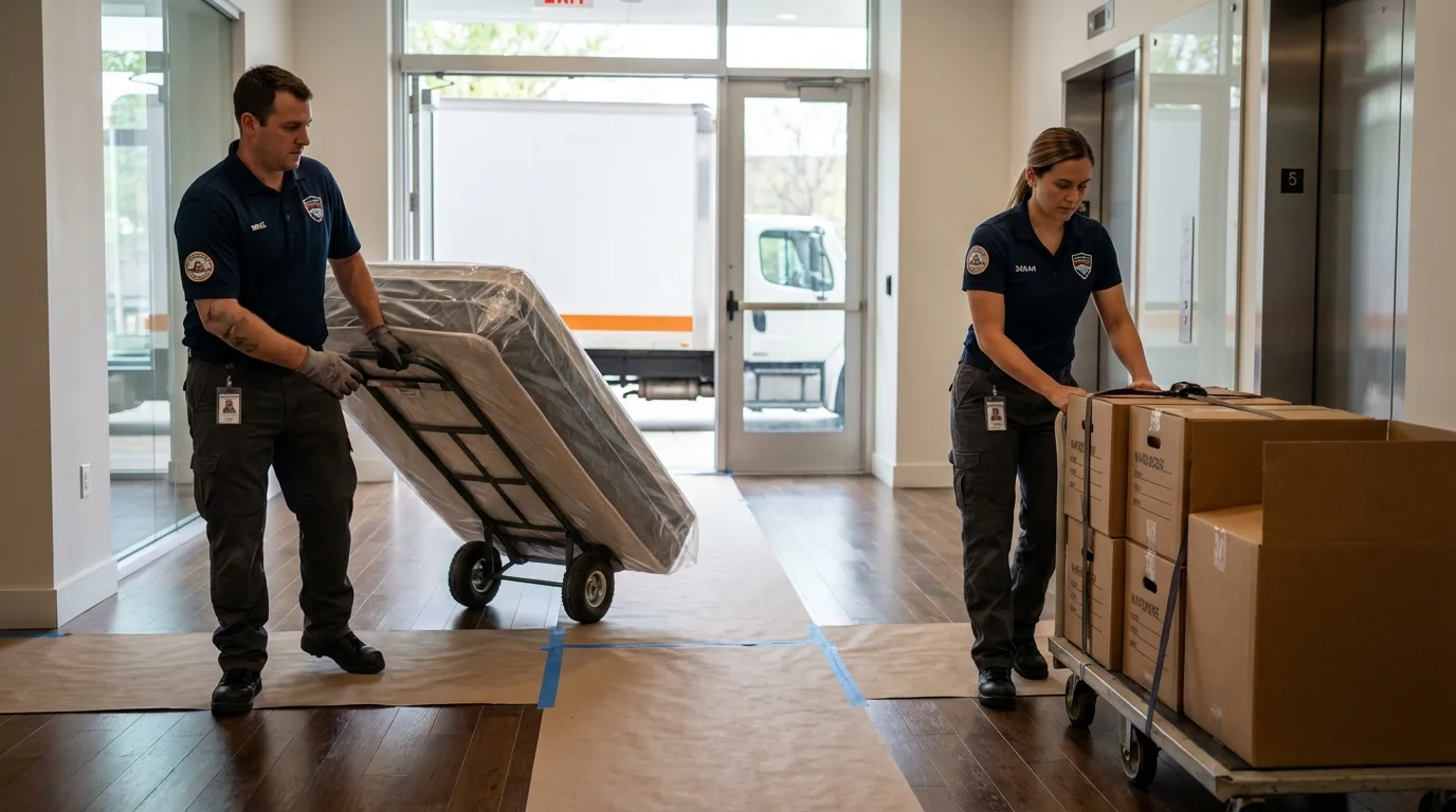 Professional apartment movers loading elevator in Clay, KY